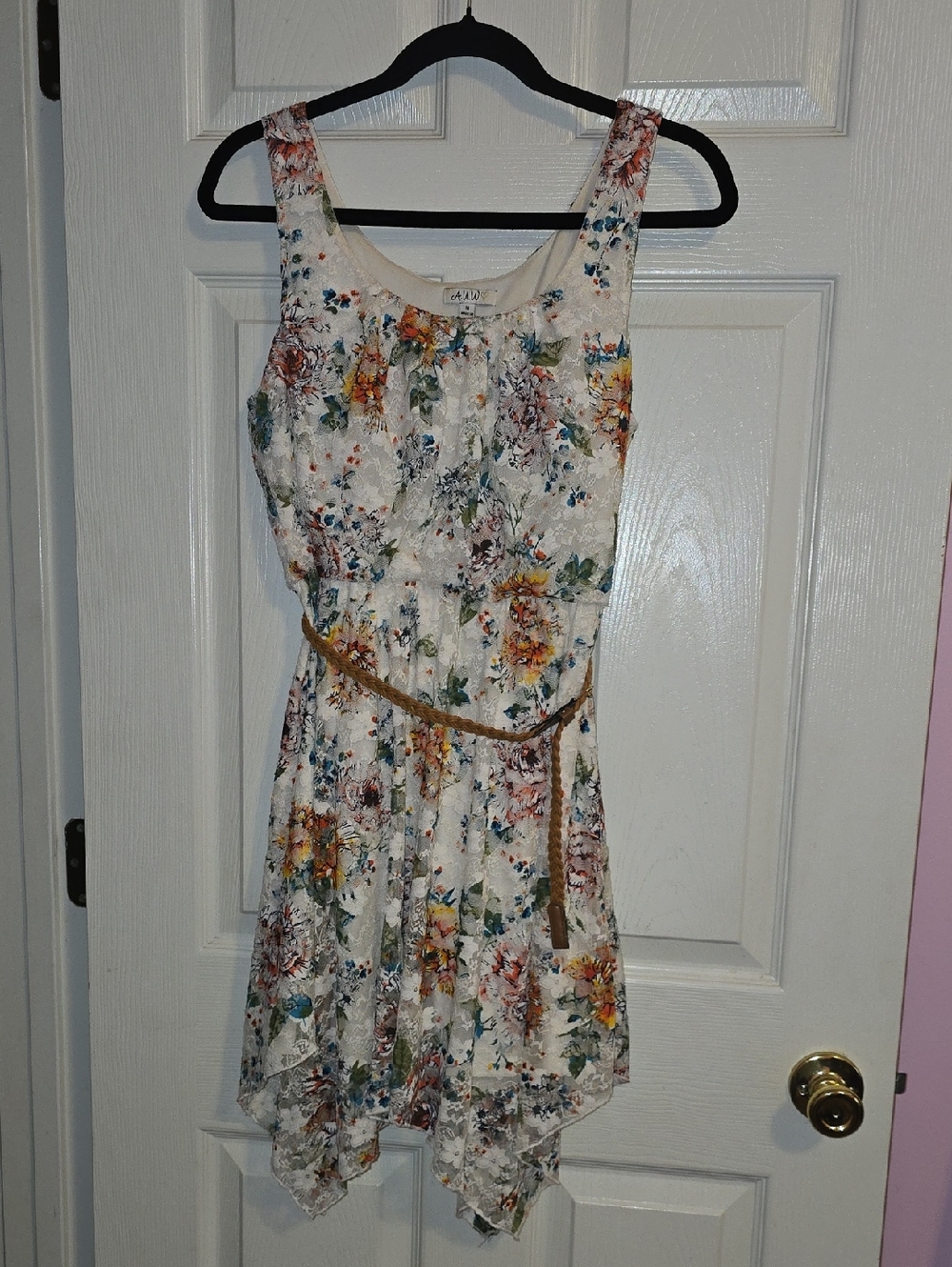 AUW White Floral Asymmetrical Dress with Multicolor Print and Rope Belt